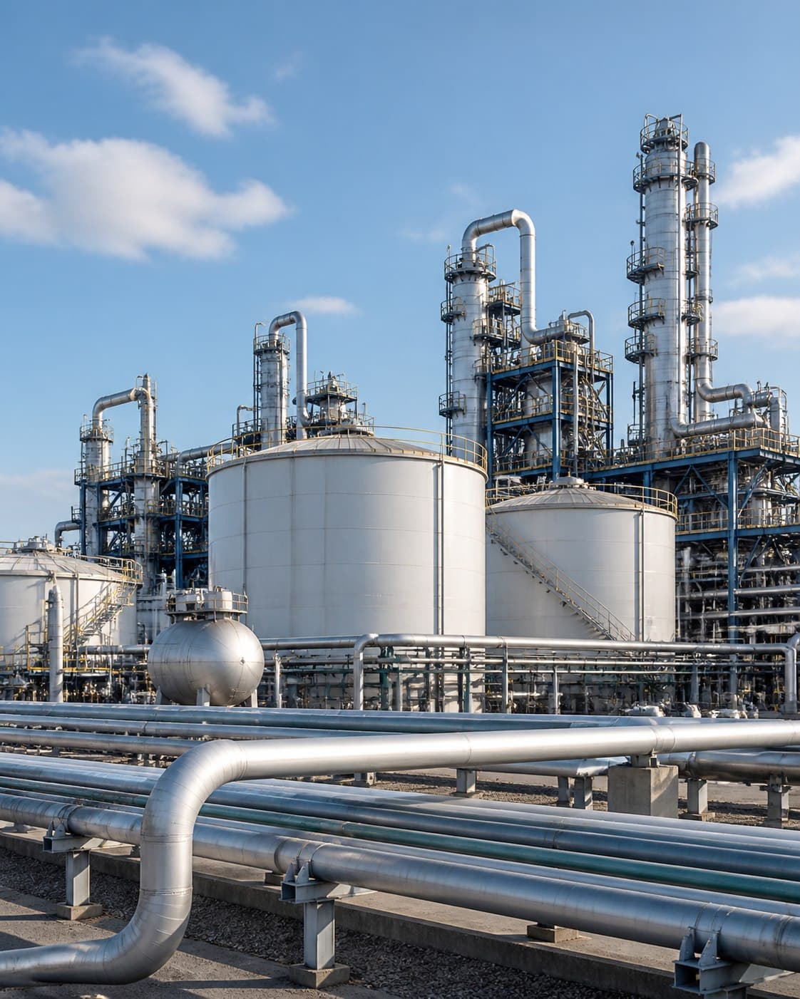 Clean petrochemical plant with storage tanks and pipework