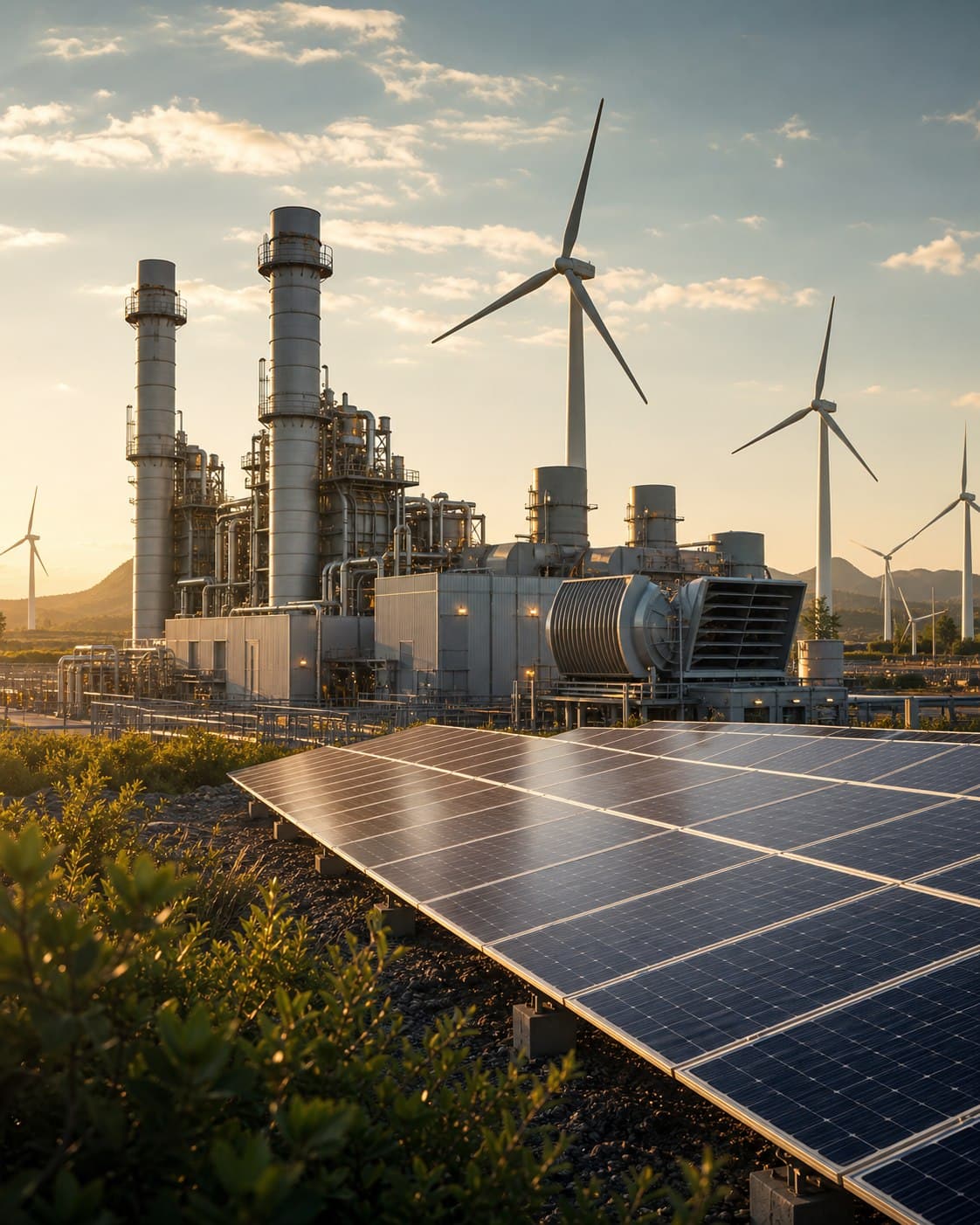 Energy infrastructure with turbines and solar equipment