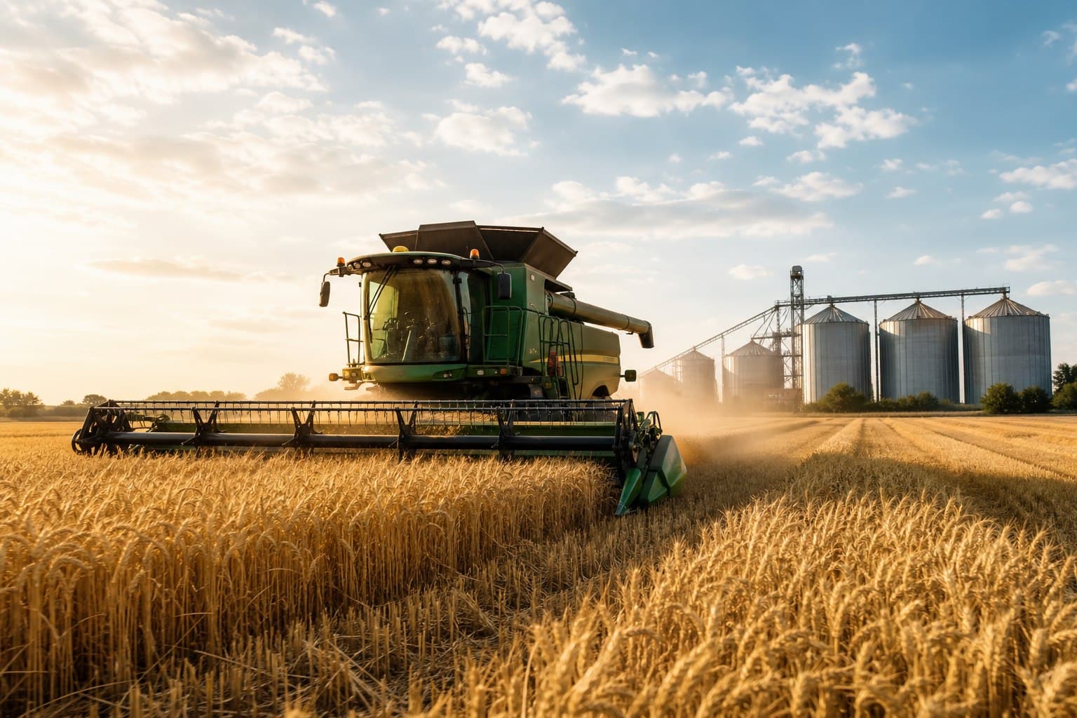 Agricultural field with grain crop and farm machinery