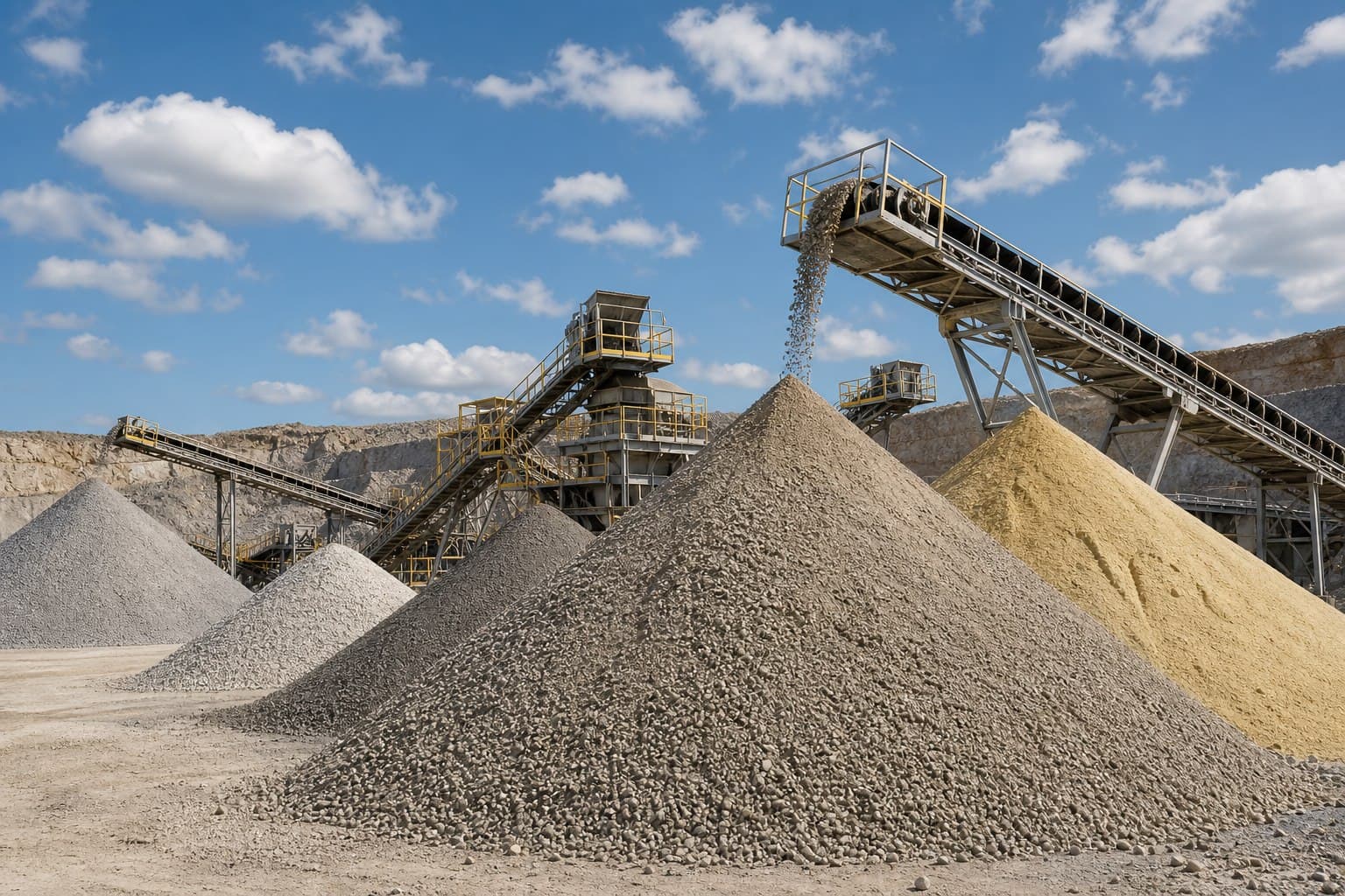 Bulk mineral stockpile and conveyor at an industrial quarry