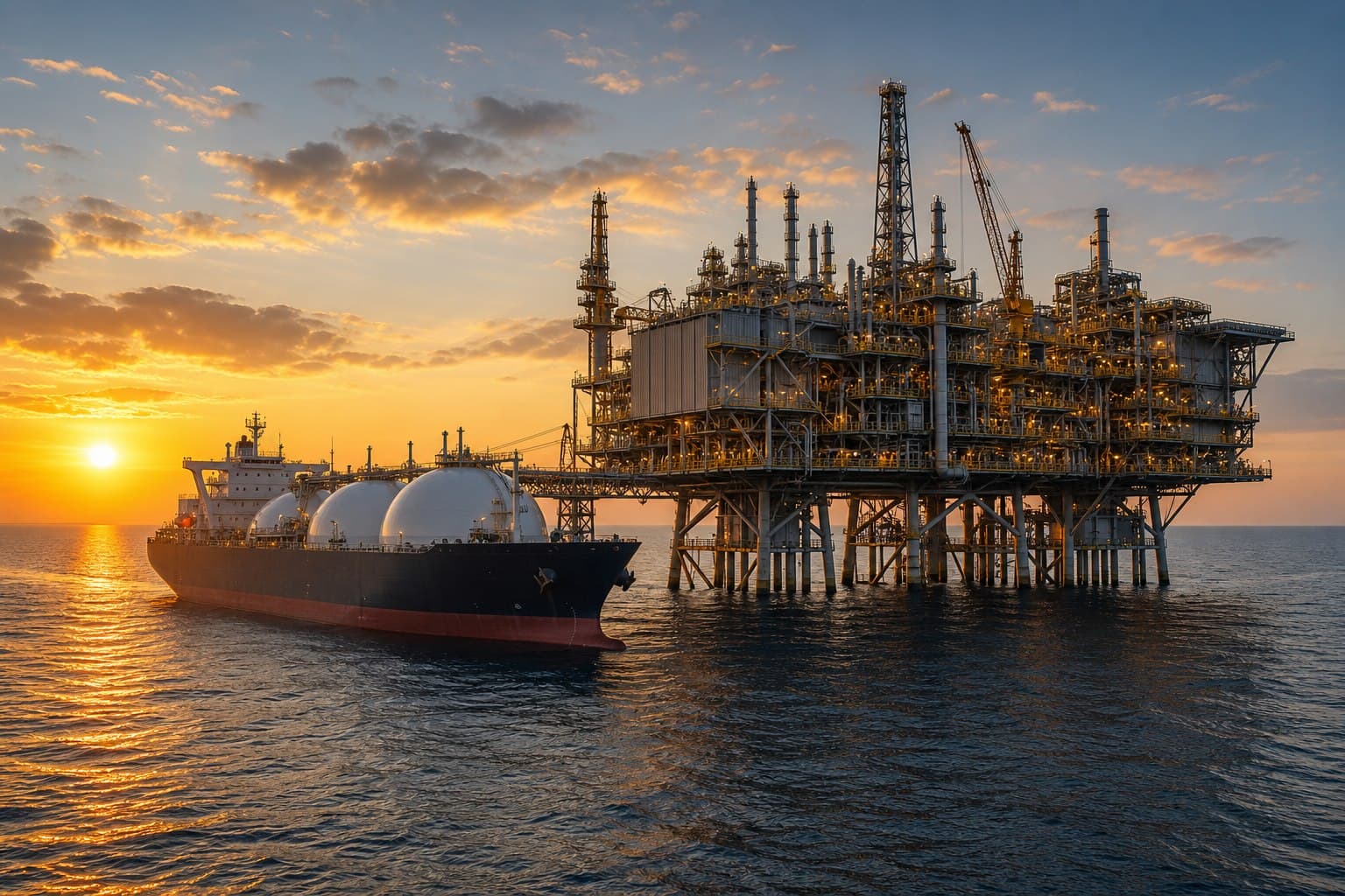 Offshore oil platform and cargo vessel at sunset