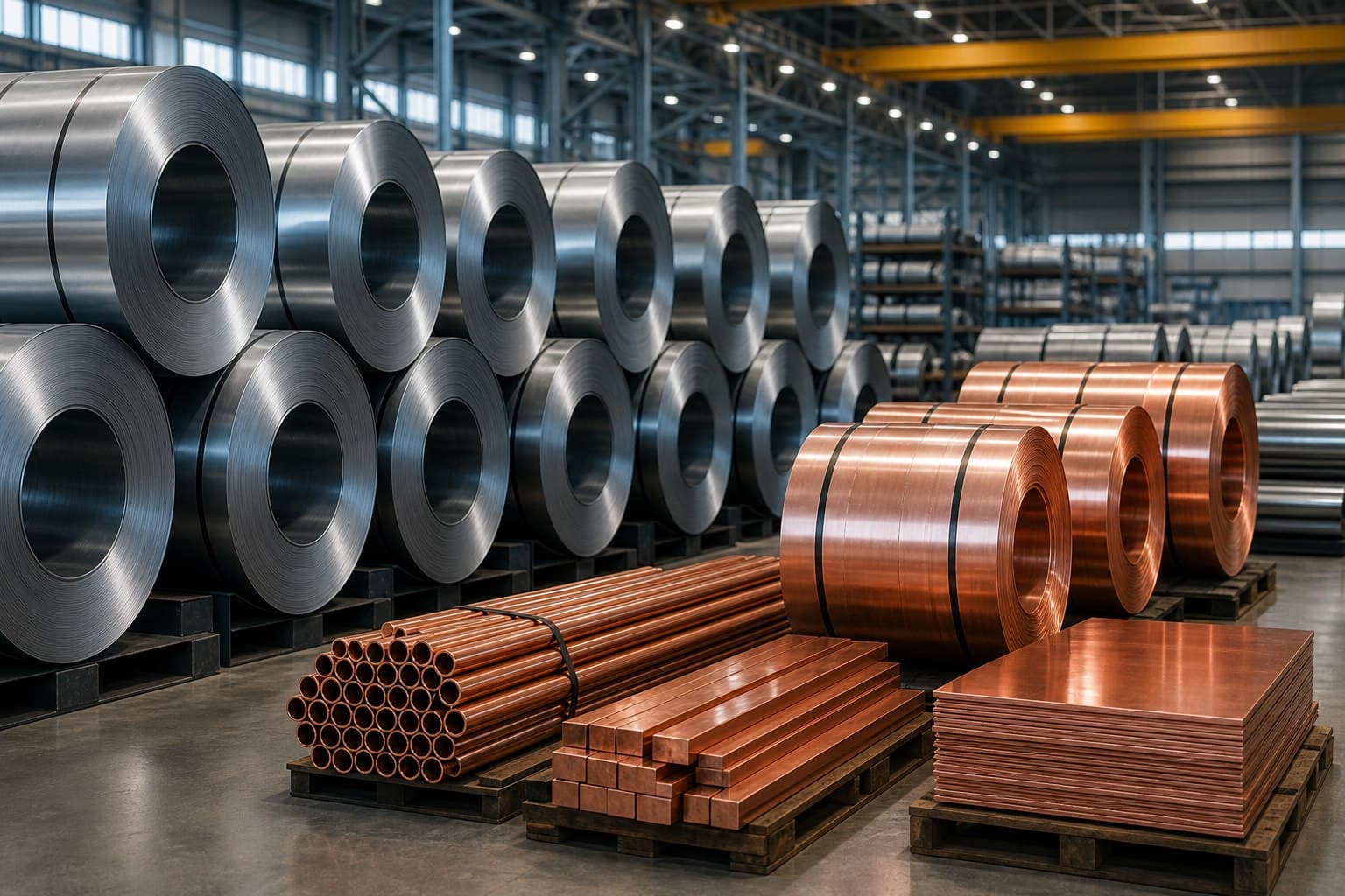 Large steel coils stored in an industrial warehouse