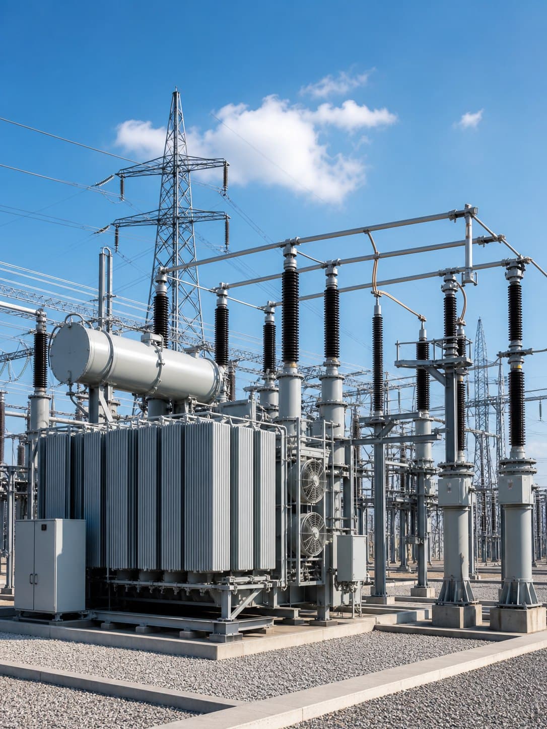 High-voltage substation with transformers and transmission towers