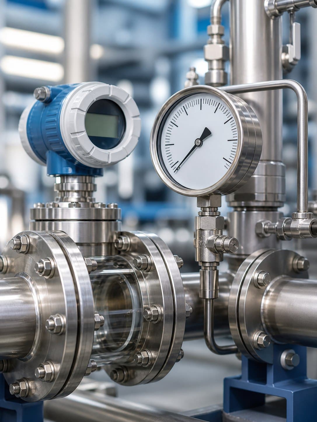 Industrial pressure gauges and flow meters on piping