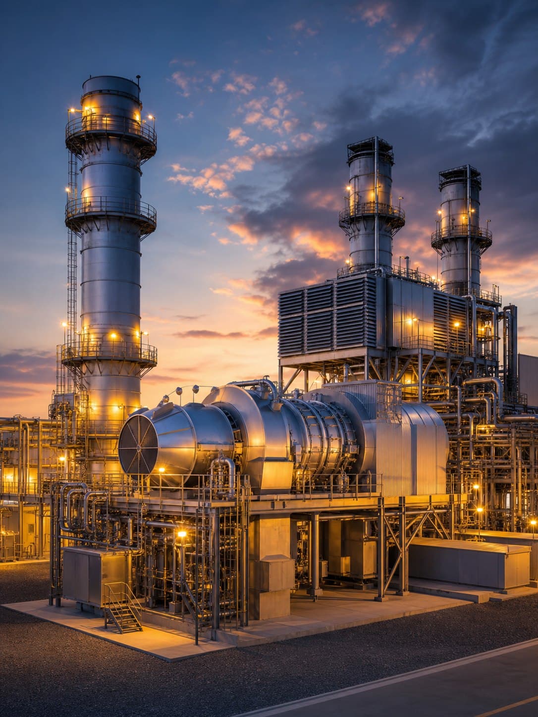 Gas and steam turbine power plant illuminated at dusk