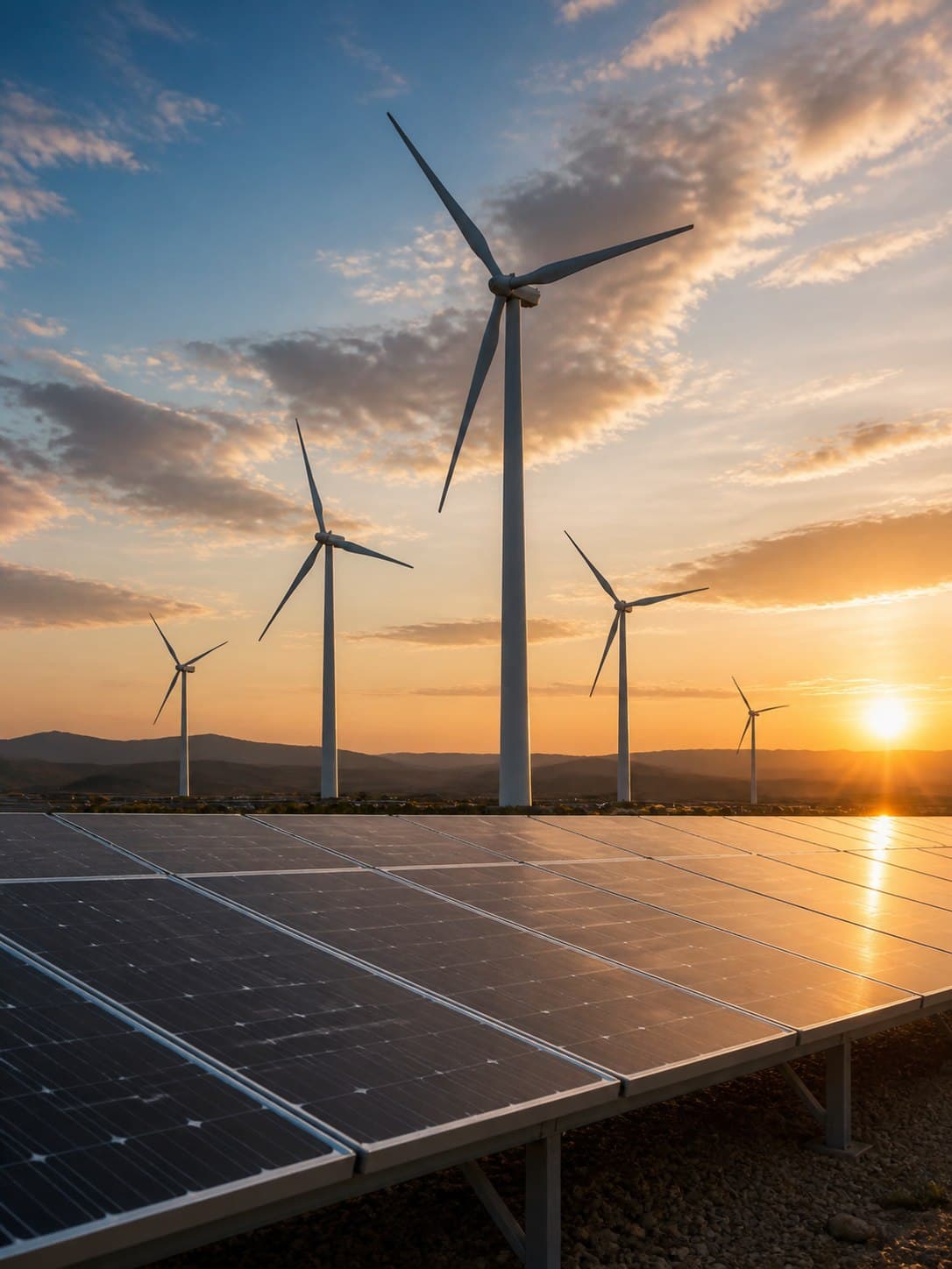 Wind turbines and solar panels at sunset