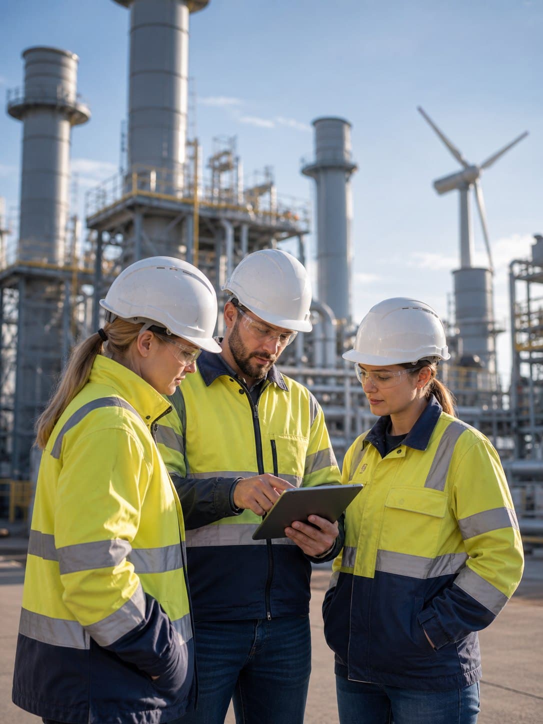 Energy-site workers reviewing a tablet in safety gear