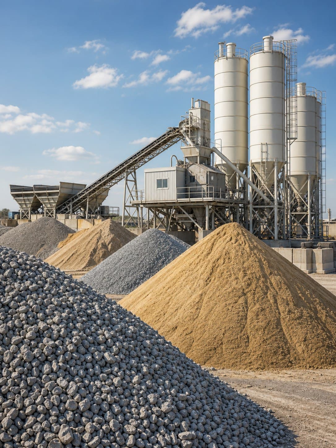 Crushed stone and sand piles with cement silos