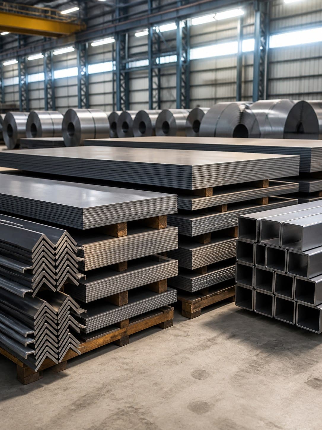 Carbon steel plate sheet and structural sections in a steel warehouse