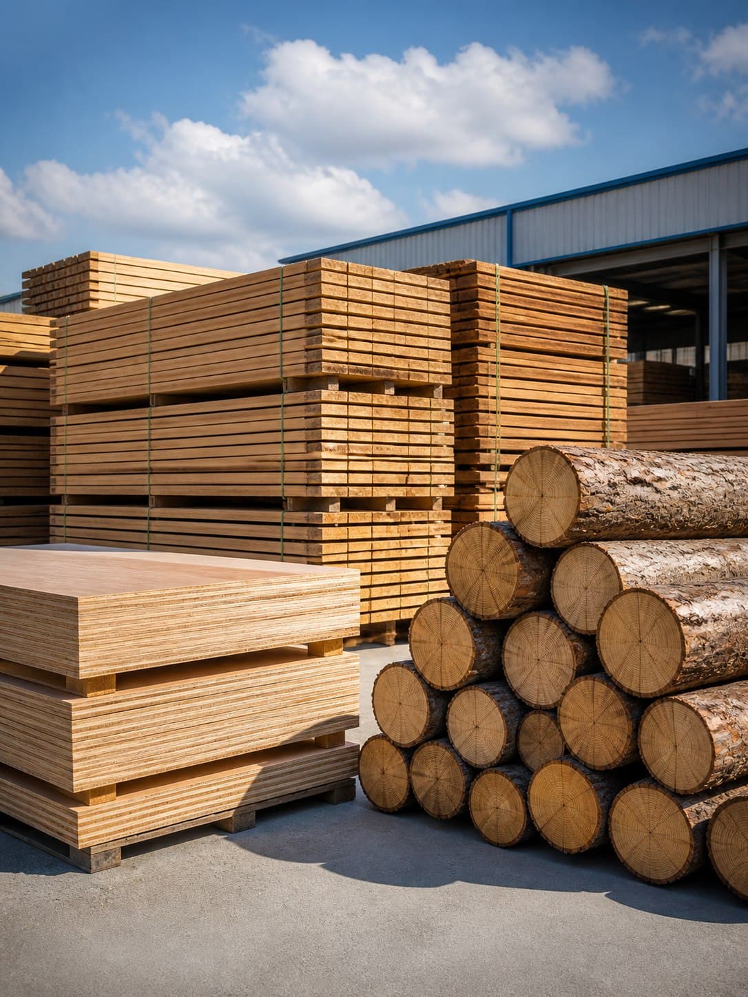 Stacked sawn lumber plywood panels and timber logs