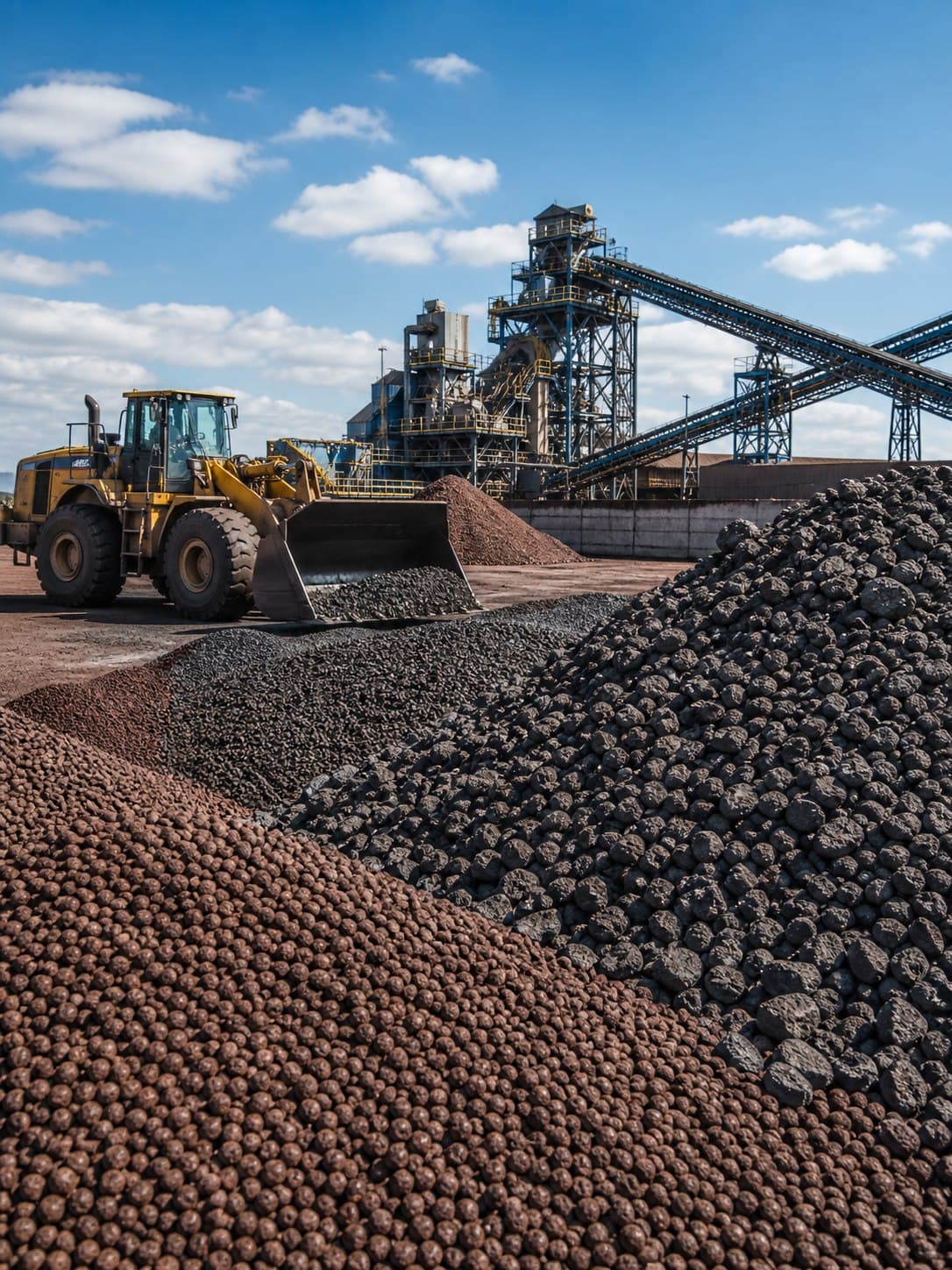 Iron ore pellet stockpile with industrial loader