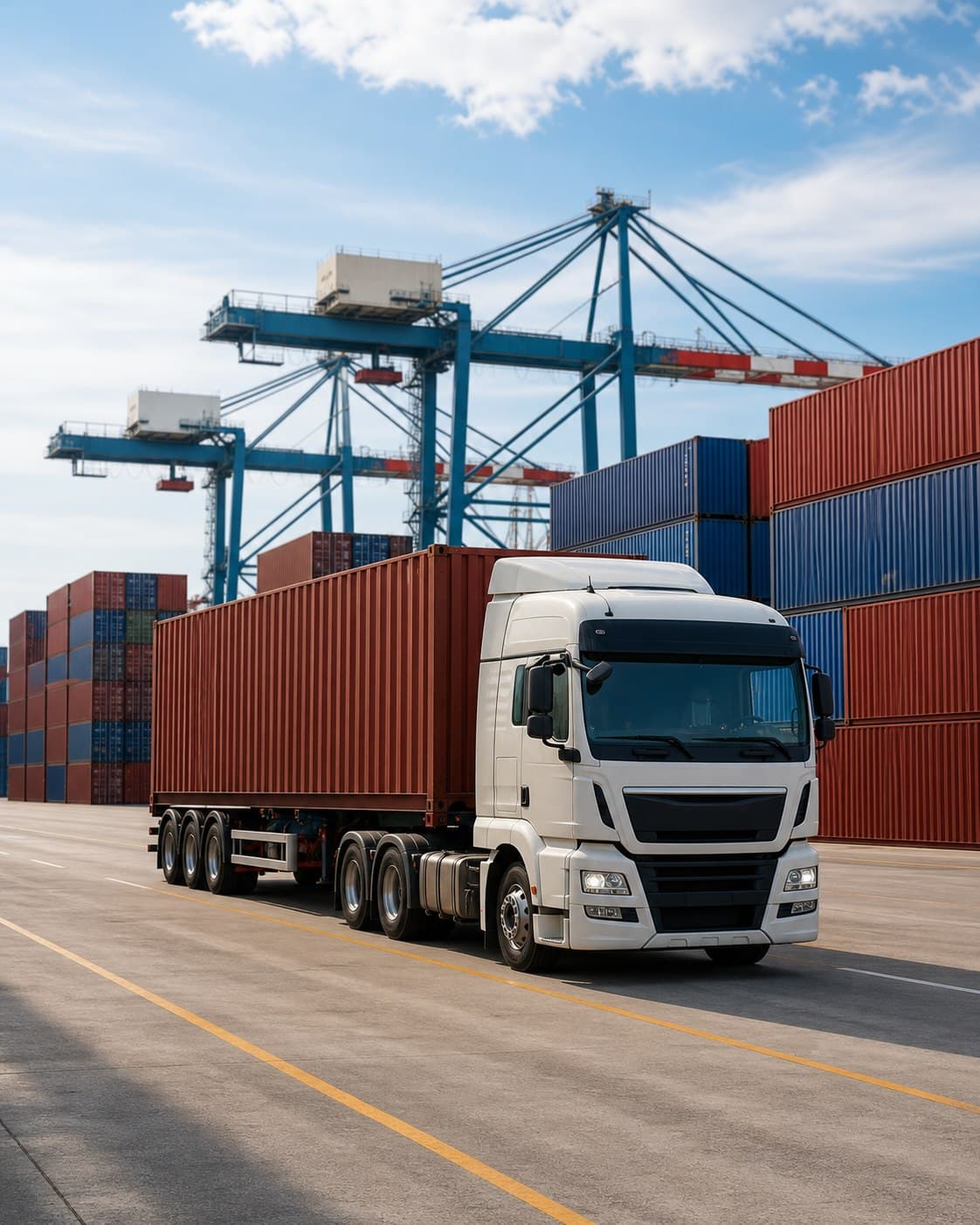 Freight truck moving containers through a logistics terminal