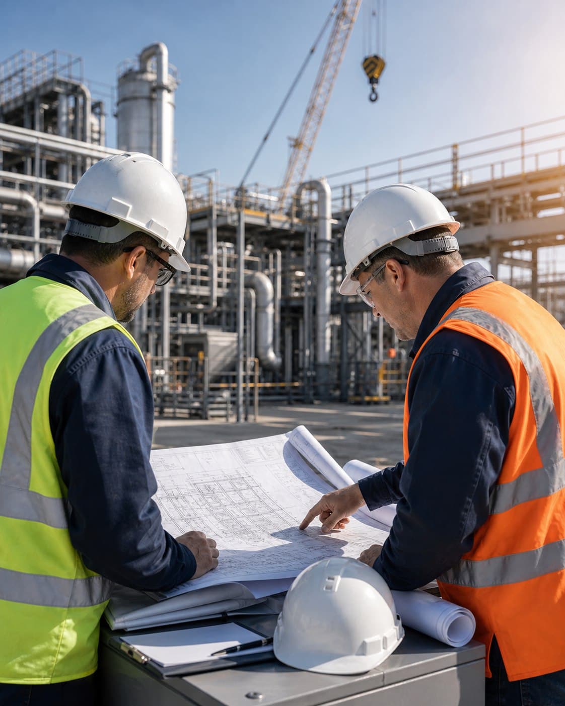 Industrial site coordination with safety helmet and technical drawings