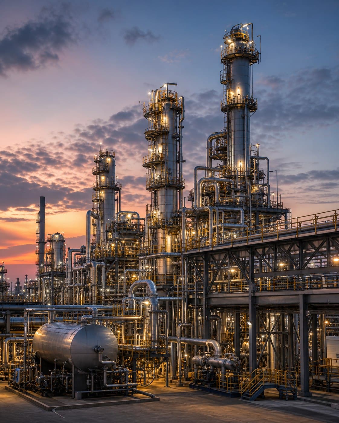 Industrial plant with towers and processing equipment at night
