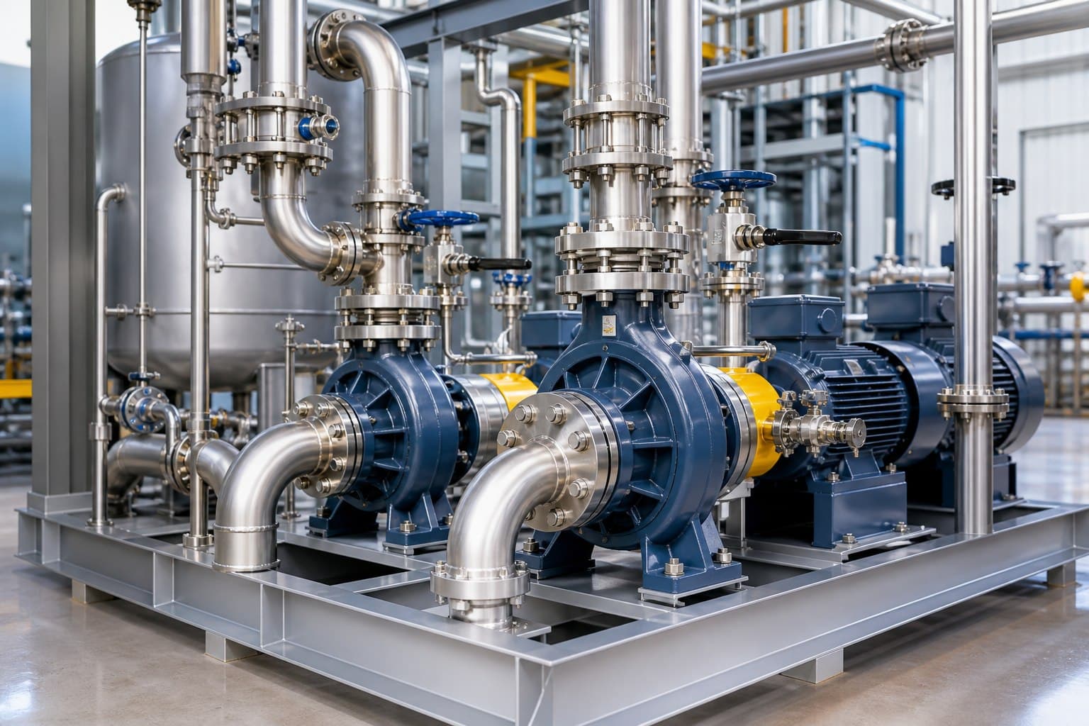 Chemical-resistant pumps with stainless piping and valves