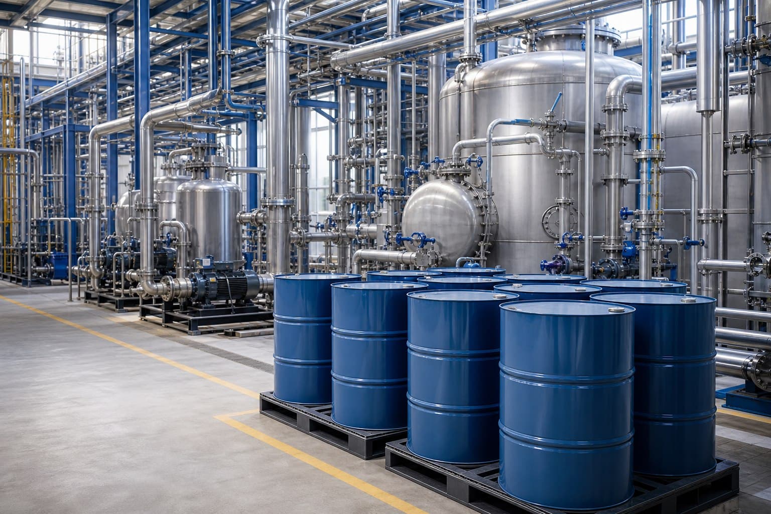 Industrial chemical plant with pipework and storage drums
