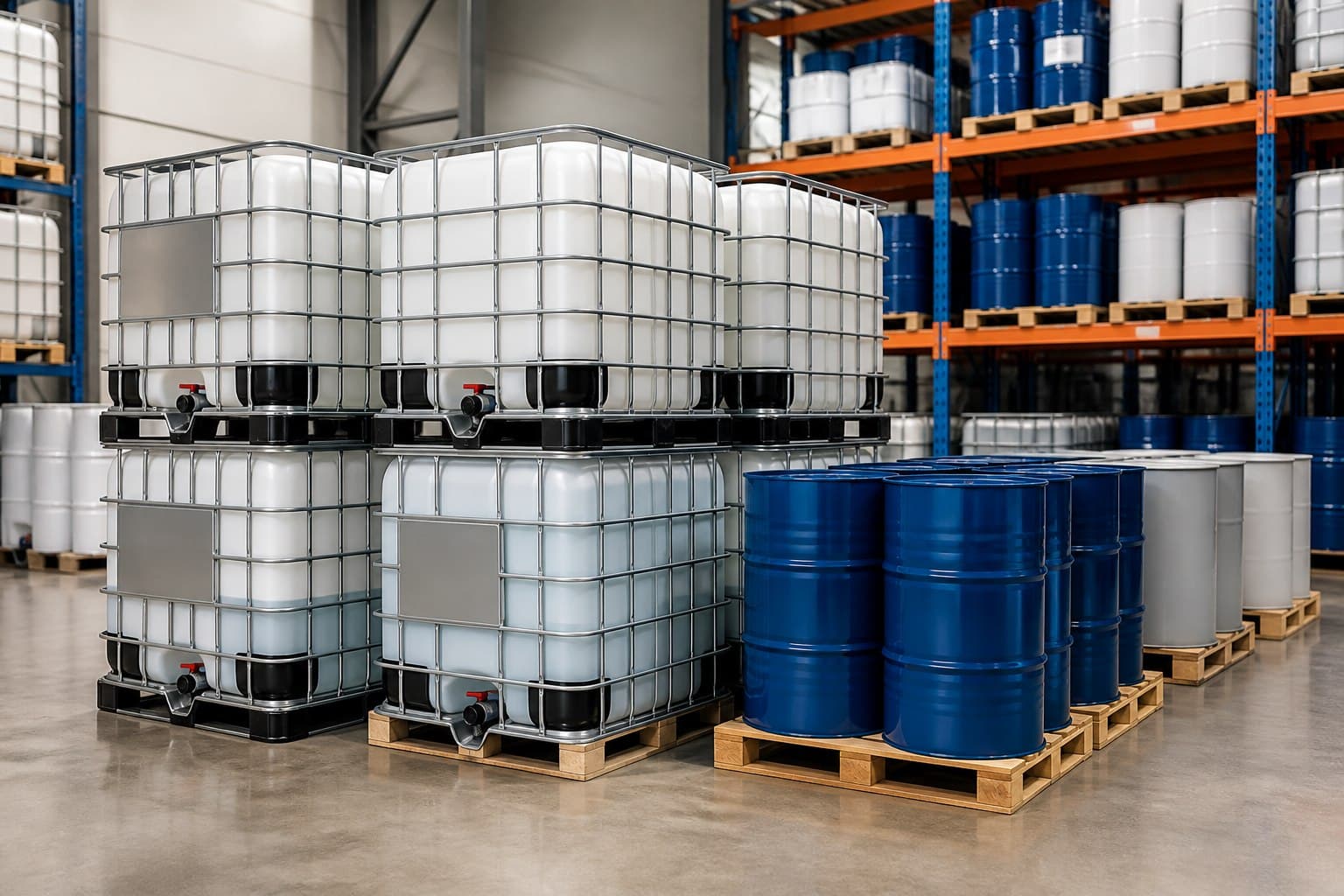 IBC totes and chemical drums on warehouse pallets