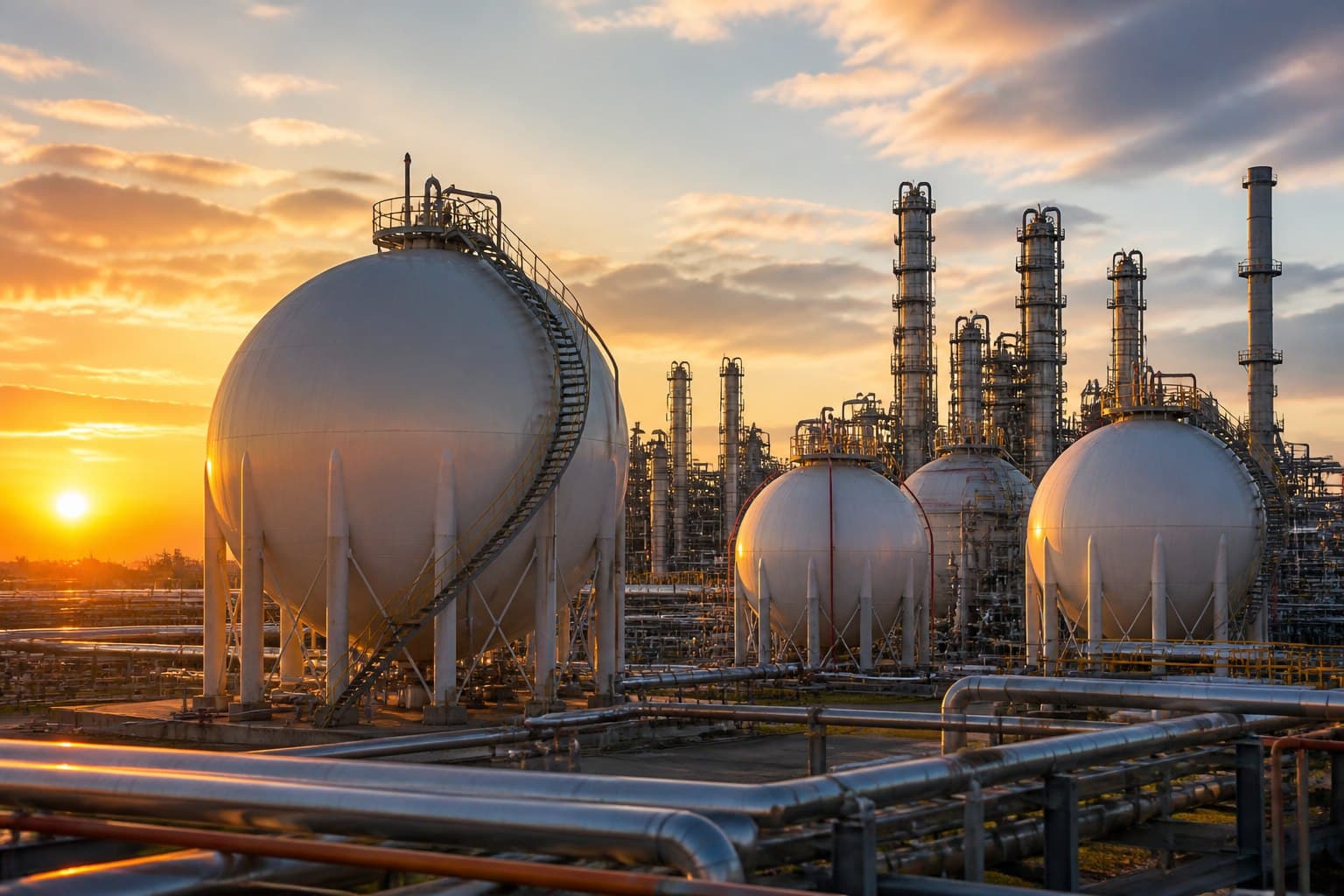Petrochemical refinery with spherical tanks at sunset