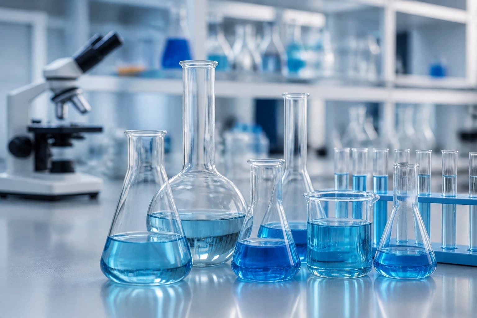 Laboratory flasks and beakers with blue liquids