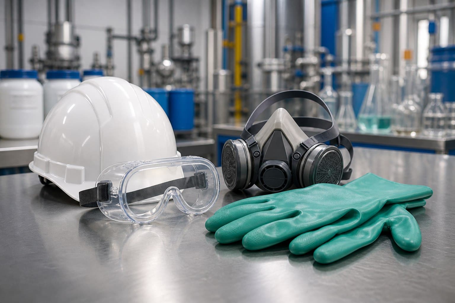 Chemical safety PPE arranged on an industrial workbench
