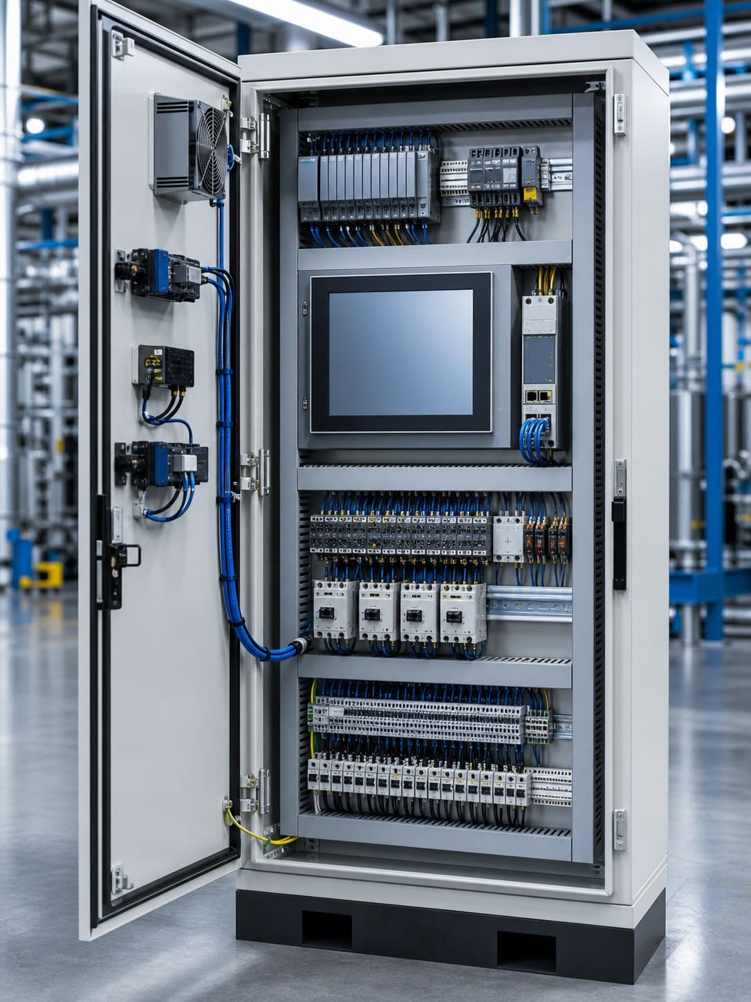 Industrial control cabinet with PLC components and tidy wiring