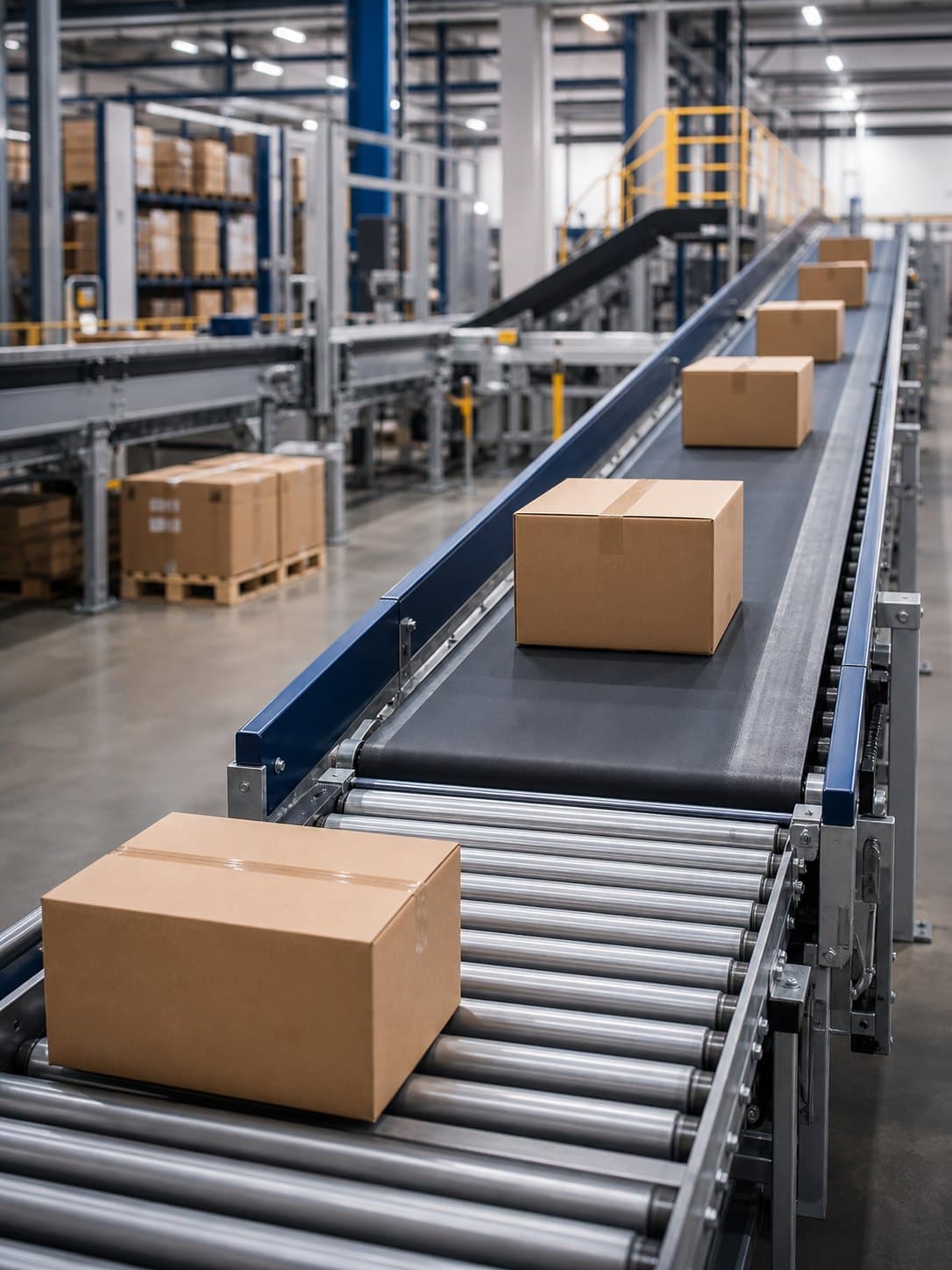 Warehouse conveyor system moving plain boxes