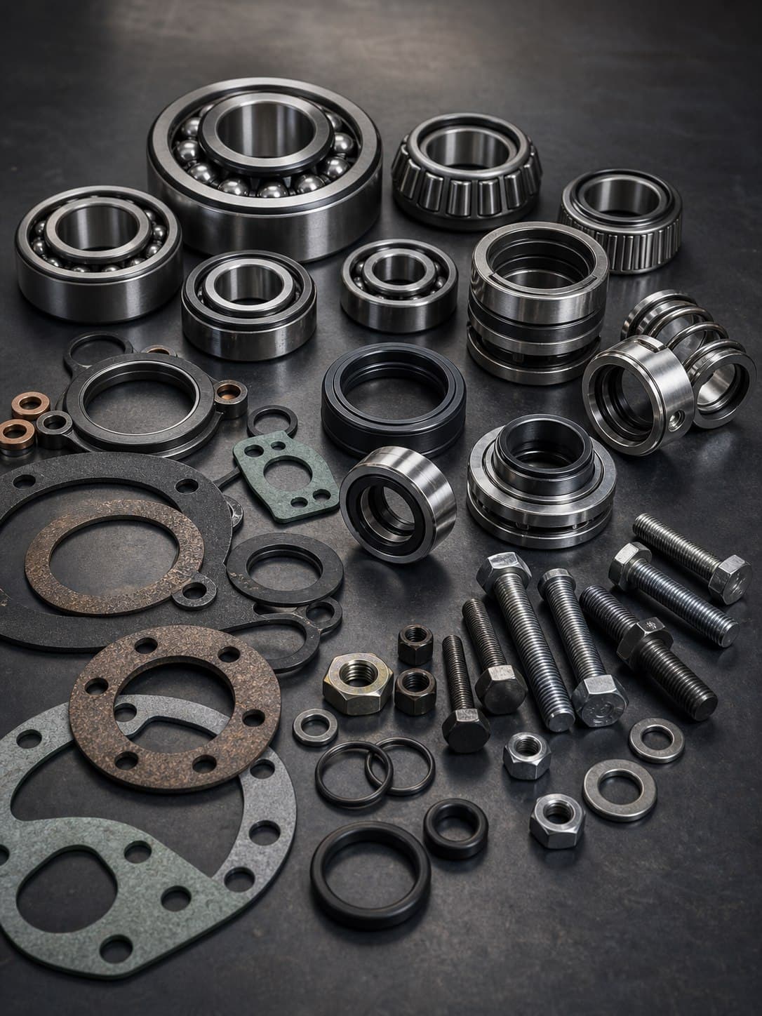 Bearings mechanical seals gaskets and fasteners on a dark surface