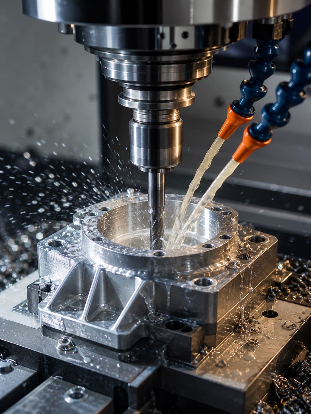 CNC machine cutting metal with coolant spray
